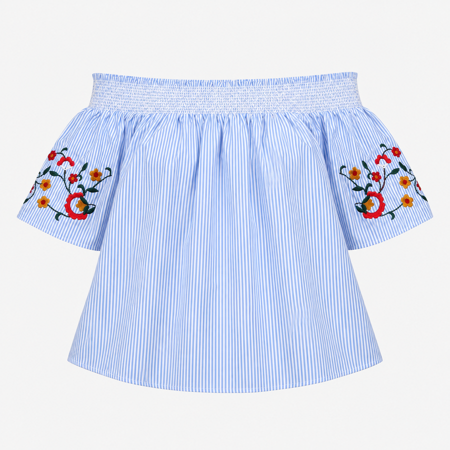 Off The Shoulder Embroidered Bardot Top Blue White
