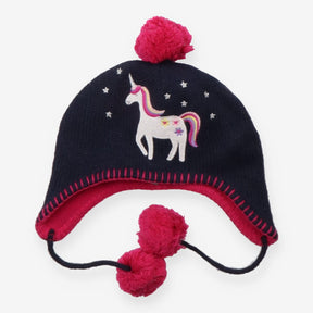 Navy knit hat with unicorn and pink pom poms