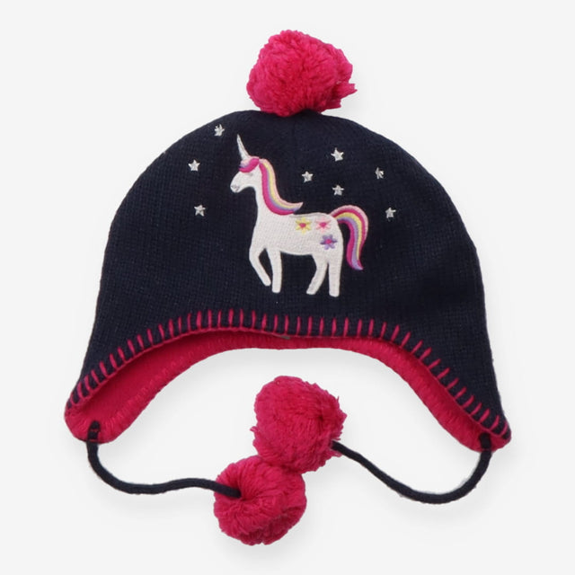 Navy knit hat with unicorn and pink pom poms