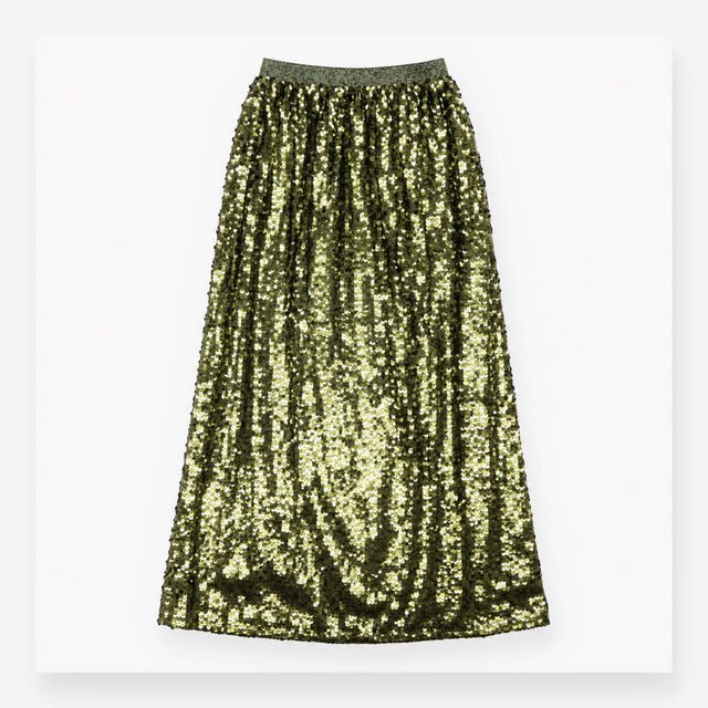 Midi Skirt Khaki Green All Over Sequins Metallic W