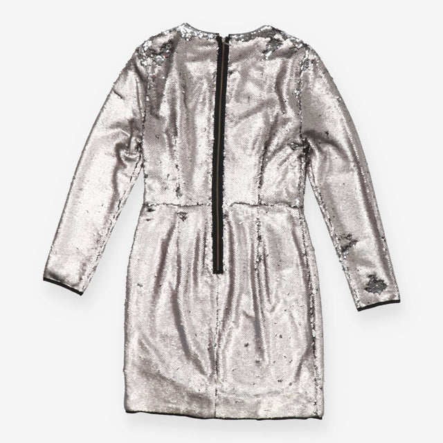 Two‑Tone Sequin Long Sleeve Silver Mini Dress – Fu