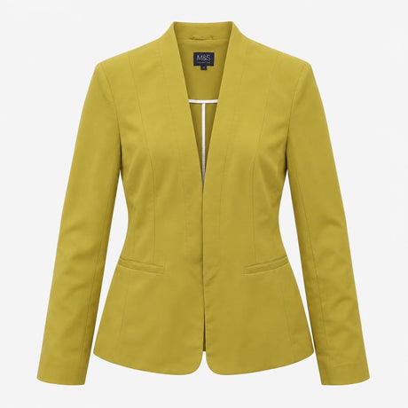 Mustard Ochre Yellow Collarless Open Front Stretch