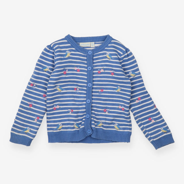 Cardigan Blue Stripe Flower and Bird Appliques