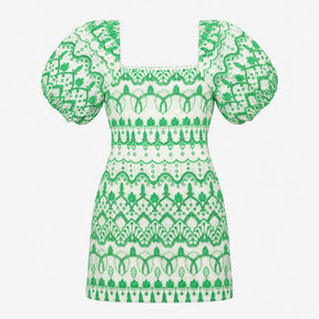 Dress Cotton Broderie Puff Sleeve White Green
