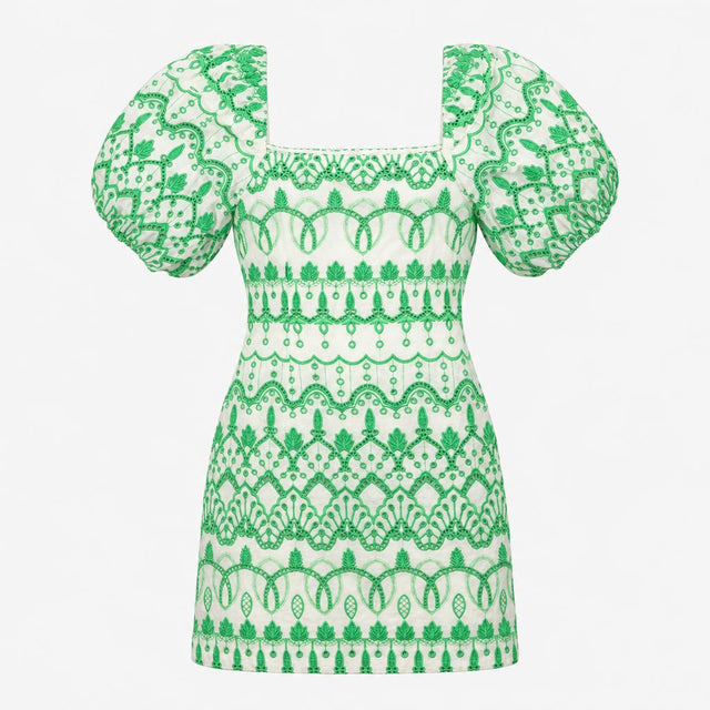 Dress Cotton Broderie Puff Sleeve White Green