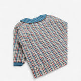 Shacket with blue striped collar