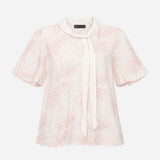 Blouse Cream Pink Abstract Print Tie Neck Short Sl