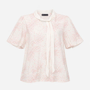Blouse Cream Pink Abstract Print Tie Neck Short Sl