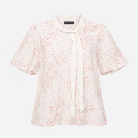 Blouse Cream Pink Abstract Print Tie Neck Short Sl