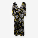 Midi Chiffon Dress – Black & Yellow Floral, V‑Neck