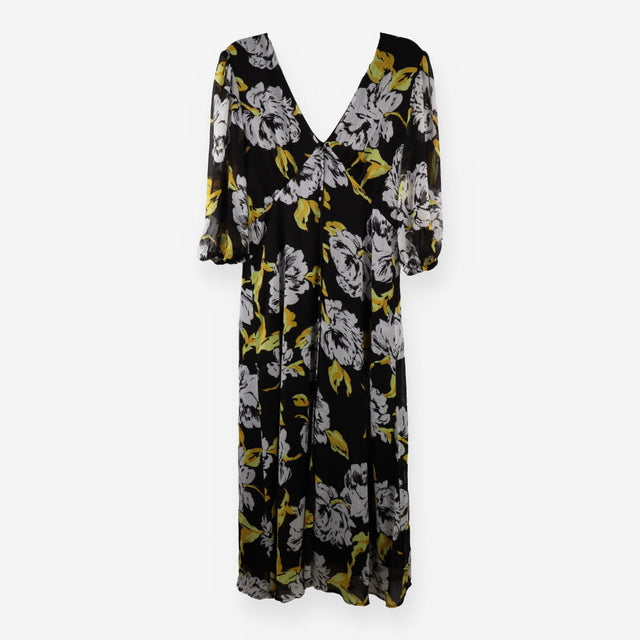 Midi Chiffon Dress – Black & Yellow Floral, V‑Neck