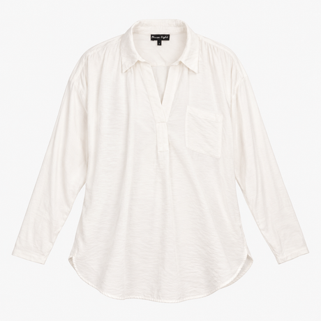 Blouse White V-Neck Long Sleeve Oversized Dip Hem