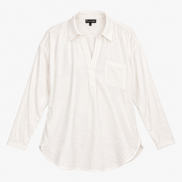 Blouse White V-Neck Long Sleeve Oversized Dip Hem