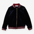 Navy velour jacket with burgundy collar