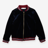 Navy velour jacket with burgundy collar