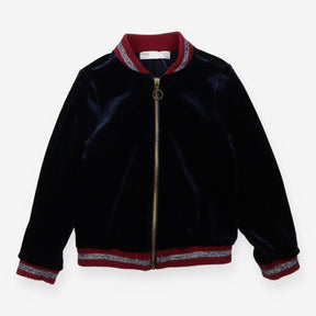 Navy velour jacket with burgundy collar