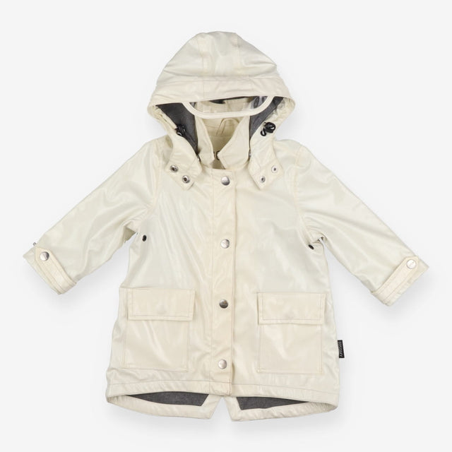 Raincoat cream with silver and visor on hood