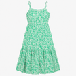 Midi Dress Green White Abstract Print Tiered Strap