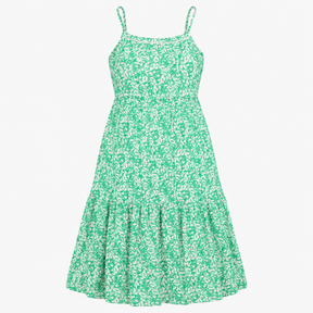 Midi Dress Green White Abstract Print Tiered Strap