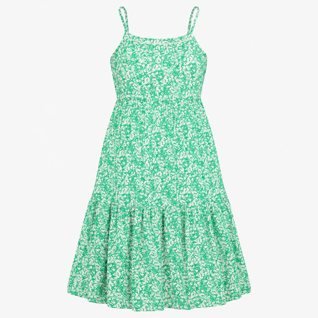 Midi Dress Green White Abstract Print Tiered Strap