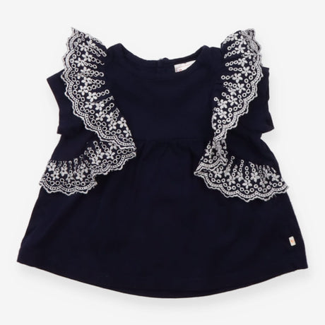 Frill Sleeve Jersey Blouse Navy and White