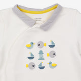 White collared ribbed sleepsuit with ducks, fish, 