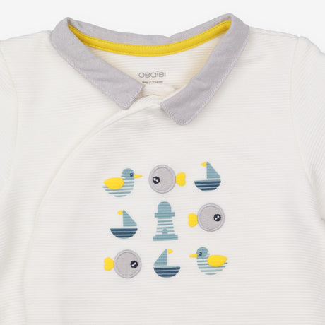 White collared ribbed sleepsuit with ducks, fish, 