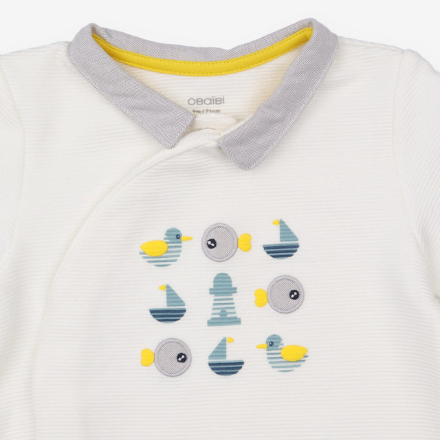 White collared ribbed sleepsuit with ducks, fish, 